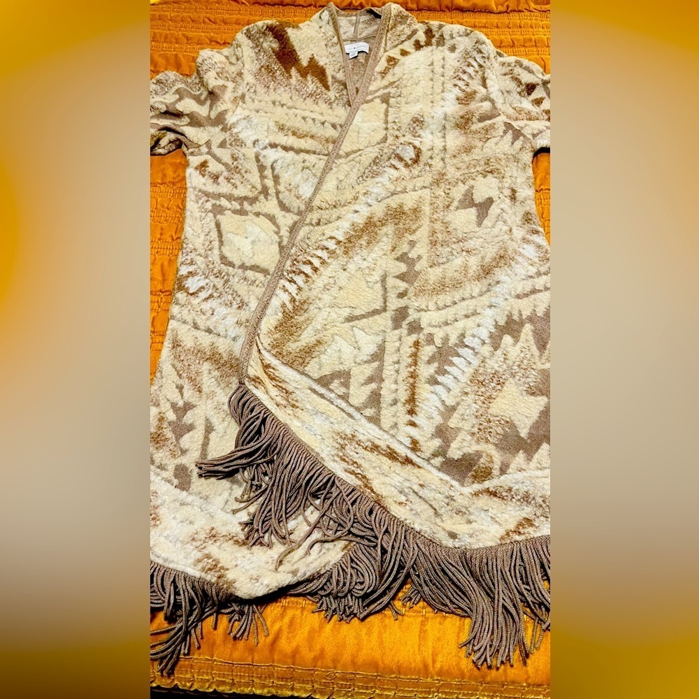 Lucky Brand Velvet Fringe Tassel‎ Open Front Sweater Kimono Medium Boho Aztec